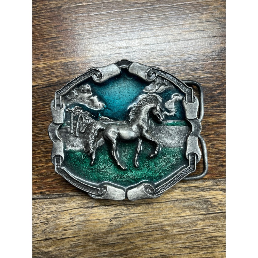 Vintage 1976 Bergamot Brass Works Horse Belt Buckle Enamel Western Pewter Tone